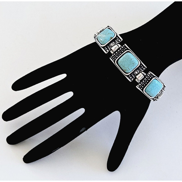 Unbranded Jewelry - Faux Turquoise Bracelet Blue Geometric Silvertone Southwestern Aztec Boho Tribal